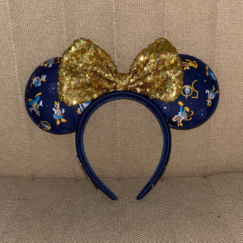 Disney Navy Blue Minnie Ears Headband with Gold Sequin Bow